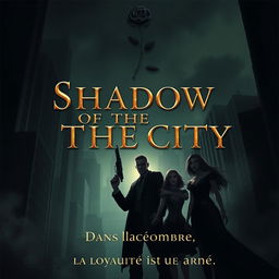 An atmospheric and mysterious dark city scene illuminated by soft, dim lights, creating a sense of depth and danger with towering skyscraper silhouettes