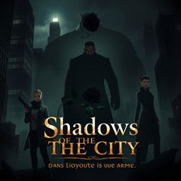 An atmospheric and mysterious dark city scene illuminated by soft, dim lights, creating a sense of depth and danger with towering skyscraper silhouettes