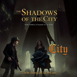 An atmospheric and mysterious dark city scene illuminated by soft, dim lights, creating a sense of depth and danger with towering skyscraper silhouettes