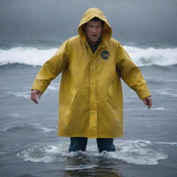 Depict a tragic image of Denis Nedry's empty yellow raincoat floating on the rough sea surface, signaling his disappearance beneath the waves, while the storm continues raging over Isla Nublar.