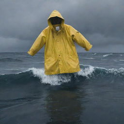 Depict a tragic image of Denis Nedry's empty yellow raincoat floating on the rough sea surface, signaling his disappearance beneath the waves, while the storm continues raging over Isla Nublar.