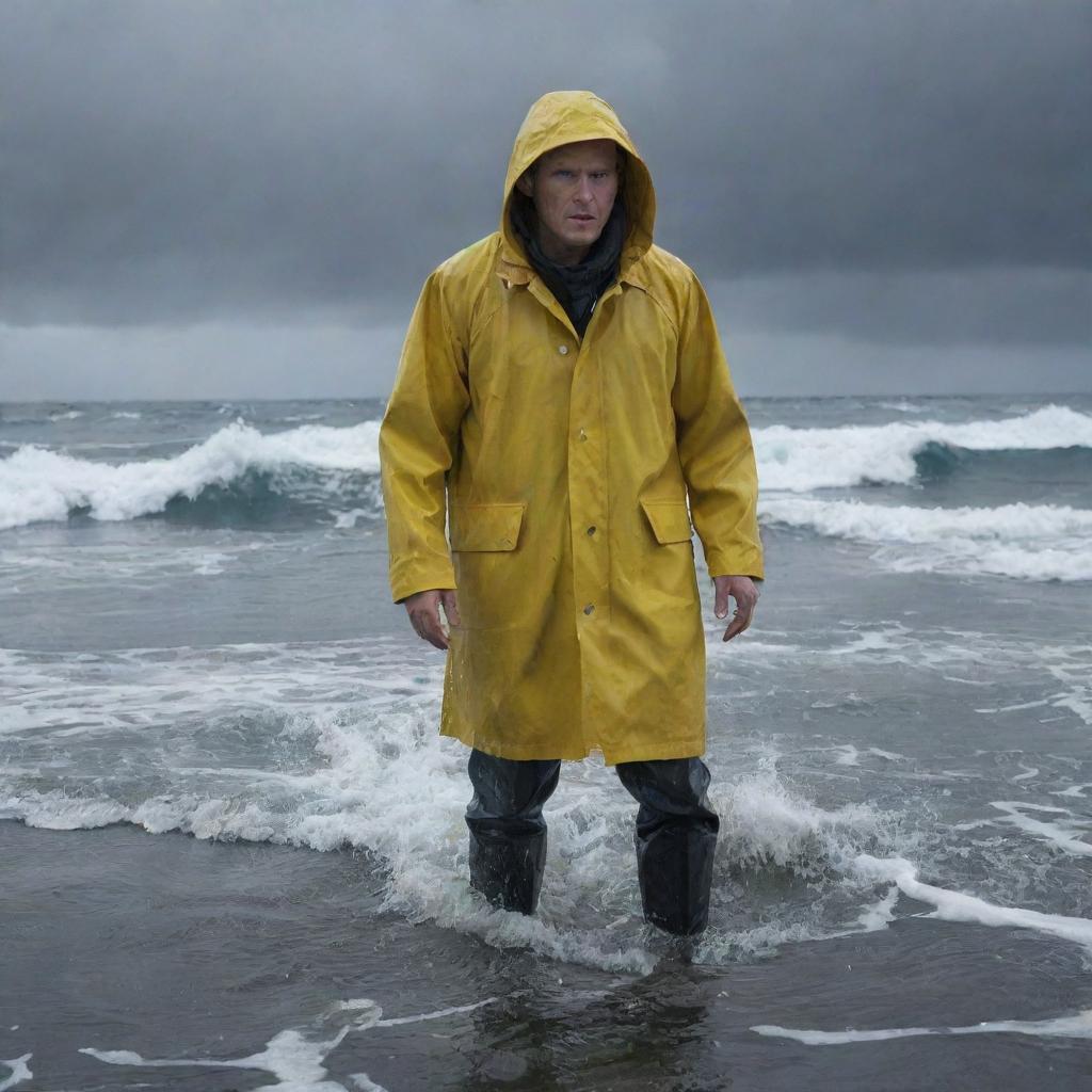 Depict a tragic image of Denis Nedry's empty yellow raincoat floating on the rough sea surface, signaling his disappearance beneath the waves, while the storm continues raging over Isla Nublar.