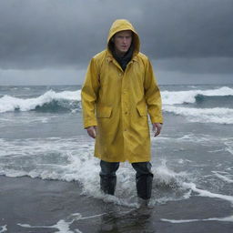 Depict a tragic image of Denis Nedry's empty yellow raincoat floating on the rough sea surface, signaling his disappearance beneath the waves, while the storm continues raging over Isla Nublar.