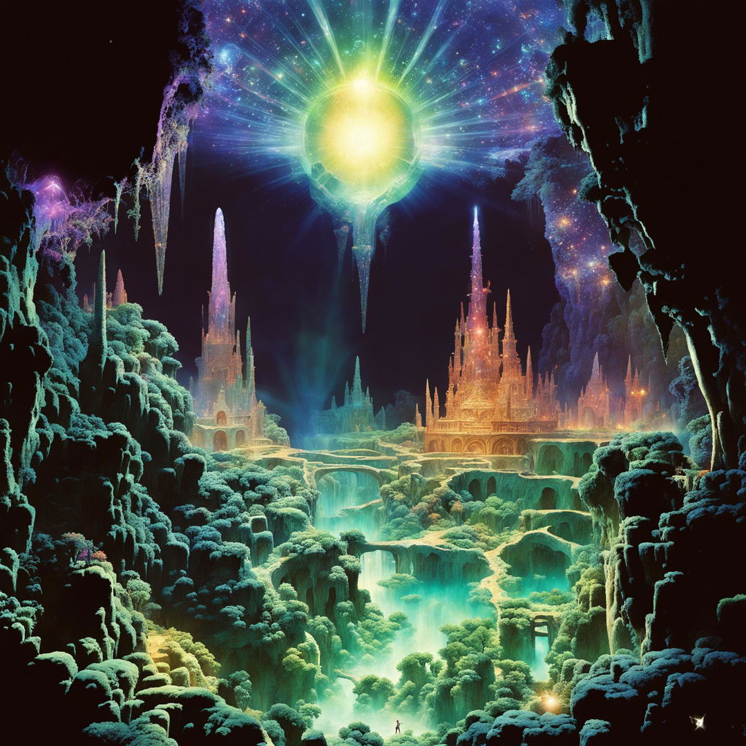 A digital art piece depicting Agartha, a legendary subterranean kingdom within Earth's inner surface. Illuminated by a colossal crystal sun casting prismatic light, buildings carved from stalagmites rise among lush greenery and cascading waterfalls. Inhabitants in vibrant garments go about their peaceful lives.