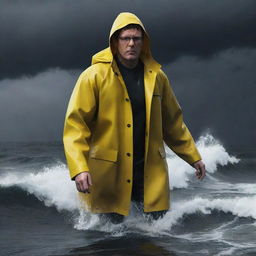 Render an image of Denis Nedry struggling to stay afloat in the menacing sea, his bright yellow raincoat barely visible as he swims against the tumultuous waves under the dark stormy sky.