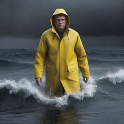 Render an image of Denis Nedry struggling to stay afloat in the menacing sea, his bright yellow raincoat barely visible as he swims against the tumultuous waves under the dark stormy sky.