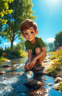 A picturesque scene depicting a sunny morning with a vibrant blue sky and a gentle bubbling stream reflecting sunlight