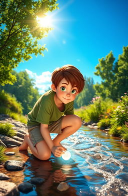 A picturesque scene depicting a sunny morning with a vibrant blue sky and a gentle bubbling stream reflecting sunlight