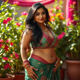 A beautifully curvy Indian woman, showcasing her voluptuous figure with an emphasis on her thick, alluring physique