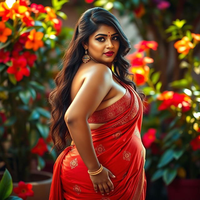 A beautifully curvy Indian woman, showcasing her voluptuous figure with an emphasis on her thick, alluring physique