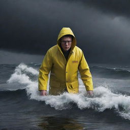 Render an image of Denis Nedry struggling to stay afloat in the menacing sea, his bright yellow raincoat barely visible as he swims against the tumultuous waves under the dark stormy sky.