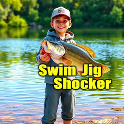 A 3D animated vertical thumbnail featuring a young fisherman under the age of 17, joyfully standing on the shore of a peaceful pond while holding a notable 5-pound bass