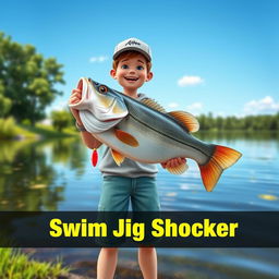 A 3D animated vertical thumbnail featuring a young fisherman under the age of 17, joyfully standing on the shore of a peaceful pond while holding a notable 5-pound bass
