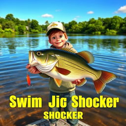 A 3D animated vertical thumbnail featuring a young fisherman under the age of 17, joyfully standing on the shore of a peaceful pond while holding a notable 5-pound bass