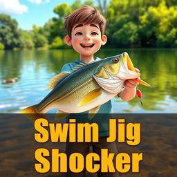 A 3D animated vertical thumbnail featuring a young fisherman under the age of 17, joyfully standing on the shore of a peaceful pond while holding a notable 5-pound bass