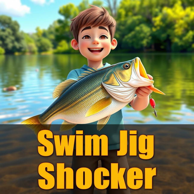 A 3D animated vertical thumbnail featuring a young fisherman under the age of 17, joyfully standing on the shore of a peaceful pond while holding a notable 5-pound bass