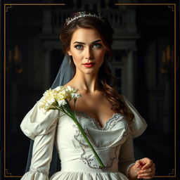 A cover image featuring the protagonist, Sofia, dressed in an elegant white wedding gown, set in a dark and luxurious scene