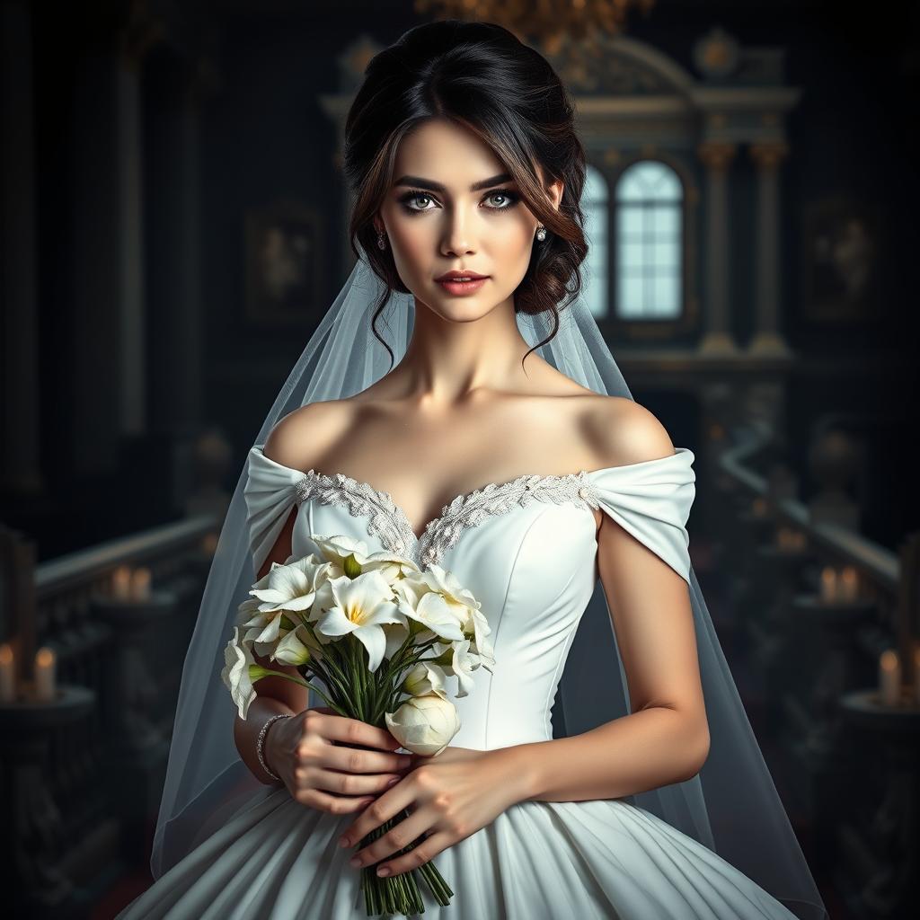 A cover image featuring the protagonist, Sofia, dressed in an elegant white wedding gown, set in a dark and luxurious scene