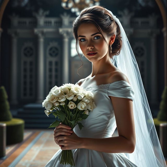 A cover image featuring the protagonist, Sofia, dressed in an elegant white wedding gown, set in a dark and luxurious scene