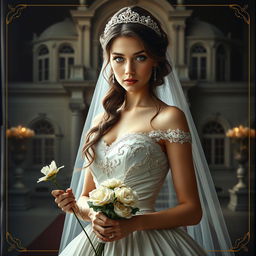A cover image featuring the protagonist, Sofia, dressed in an elegant white wedding gown, set in a dark and luxurious scene