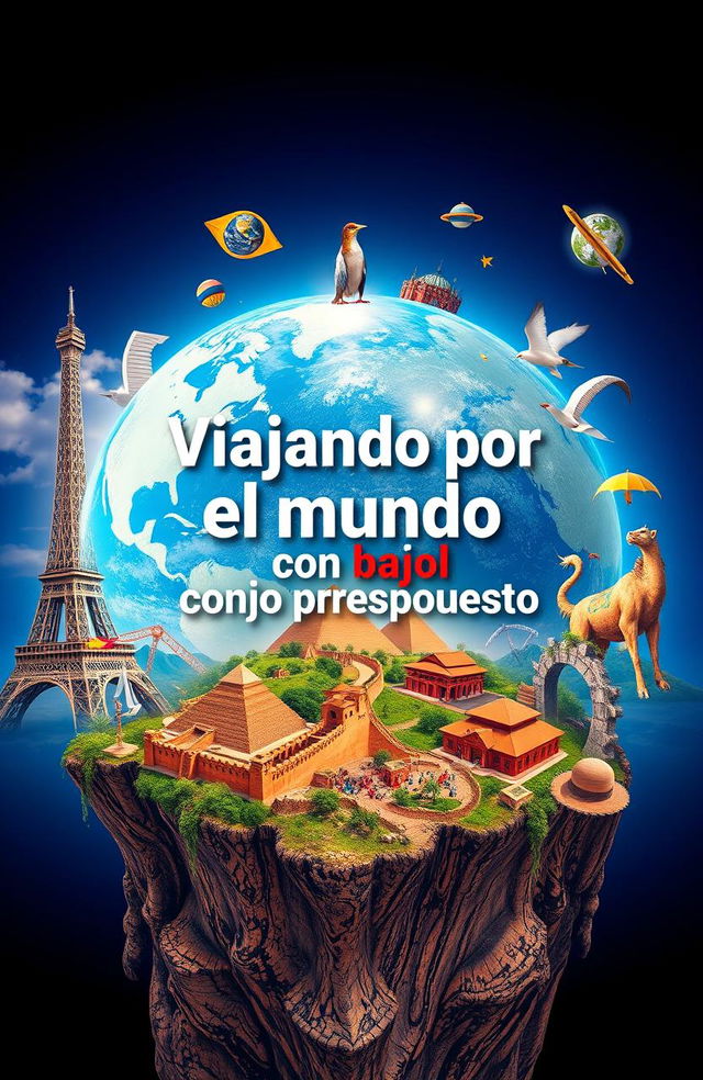 An eye-catching E-book cover featuring the title in Spanish 'Viajando por el mundo con bajo presupuesto' prominently displayed in the center