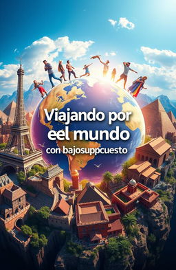 An eye-catching E-book cover featuring the title in Spanish 'Viajando por el mundo con bajo presupuesto' prominently displayed in the center