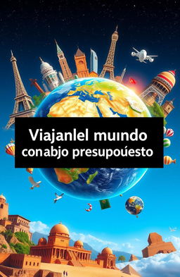 An eye-catching E-book cover featuring the title in Spanish 'Viajando por el mundo con bajo presupuesto' prominently displayed in the center