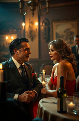 A romantic scene set in a dimly lit, luxurious Italian restaurant, featuring a powerful mafia kingpin in a tailored black suit, with a charming smirk, sitting across from his arranged bride, a stunning woman in an elegant red dress, her eyes sparkling with a mix of fear and attraction