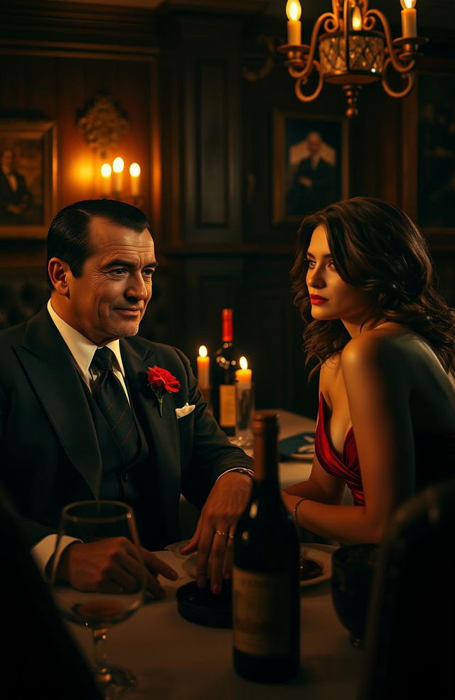 A romantic scene set in a dimly lit, luxurious Italian restaurant, featuring a powerful mafia kingpin in a tailored black suit, with a charming smirk, sitting across from his arranged bride, a stunning woman in an elegant red dress, her eyes sparkling with a mix of fear and attraction