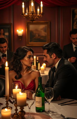 A romantic scene set in a dimly lit, luxurious Italian restaurant, featuring a powerful mafia kingpin in a tailored black suit, with a charming smirk, sitting across from his arranged bride, a stunning woman in an elegant red dress, her eyes sparkling with a mix of fear and attraction