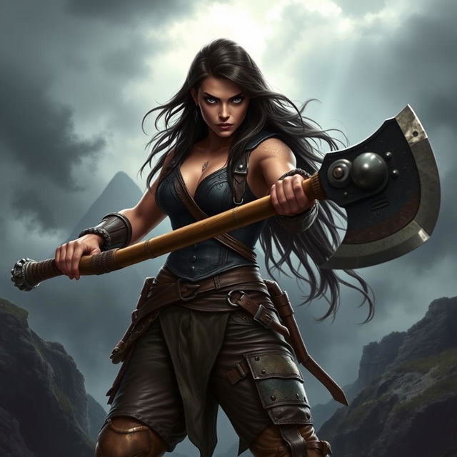 A fierce female half-orc warrior with olive skin, long dark brown hair flowing behind her, and striking black eyes