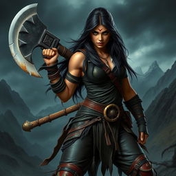 A fierce female half-orc warrior with olive skin, long dark brown hair flowing behind her, and striking black eyes