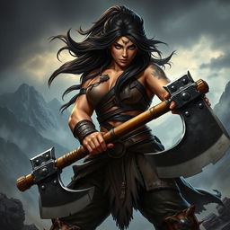 A fierce female half-orc warrior with olive skin, long dark brown hair flowing behind her, and striking black eyes