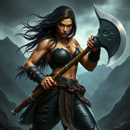 A fierce female half-orc warrior with olive skin, long dark brown hair flowing behind her, and striking black eyes