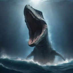 Illustrate a dramatic scene of a gigantic Mosasaurus emerging from the depths of the ocean and closing in on a terrified Denis Nedry, illuminated by a sudden flash of lightning.