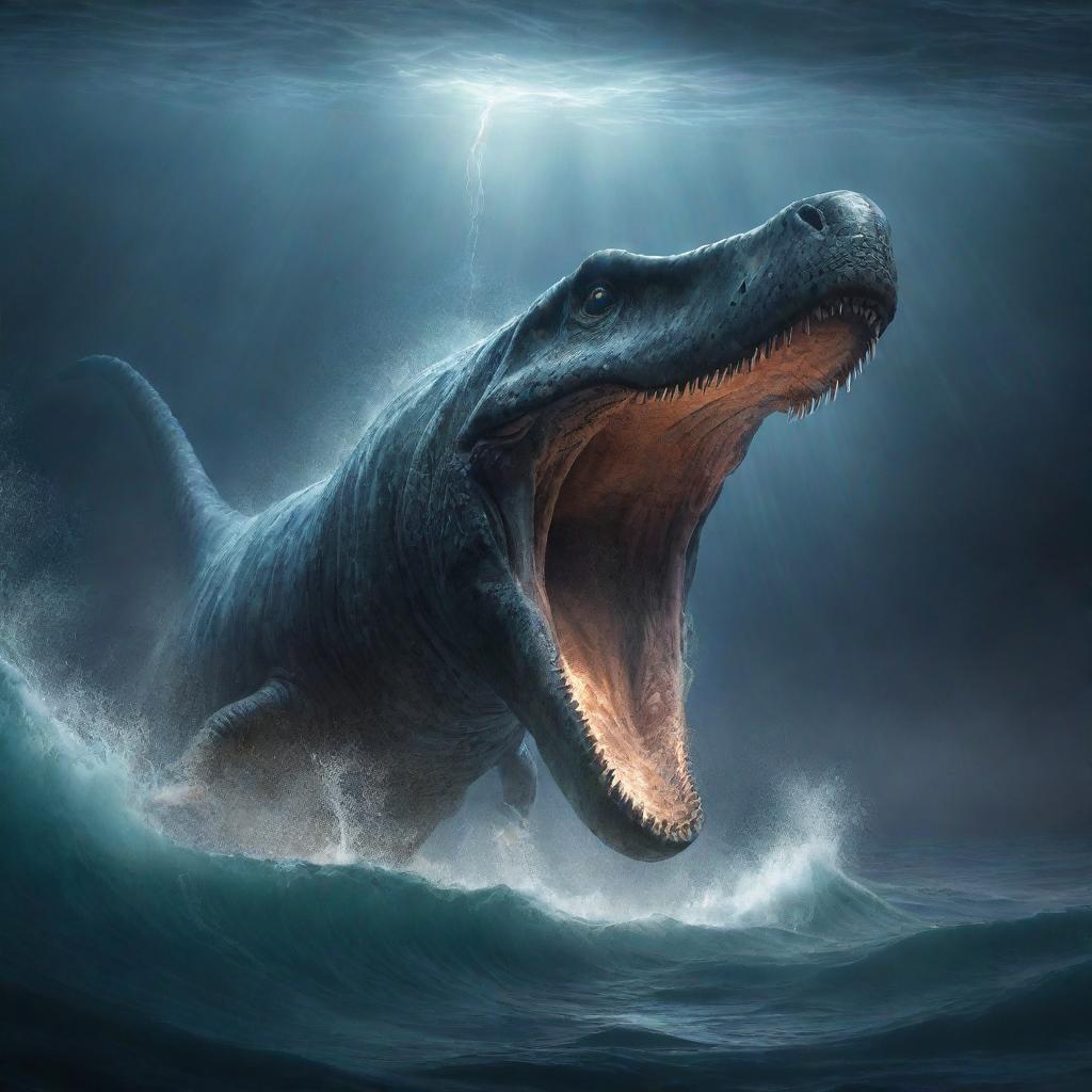 Illustrate a dramatic scene of a gigantic Mosasaurus emerging from the depths of the ocean and closing in on a terrified Denis Nedry, illuminated by a sudden flash of lightning.