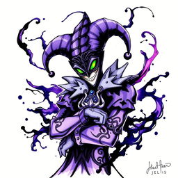 An artistic representation of a shadow jester from the Kingdom Hearts universe, illustrated in an ink style