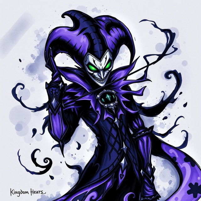 An artistic representation of a shadow jester from the Kingdom Hearts universe, illustrated in an ink style