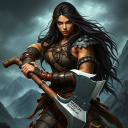 A fierce female half-orc warrior with olive skin, long dark brown hair flowing behind her, and striking black eyes