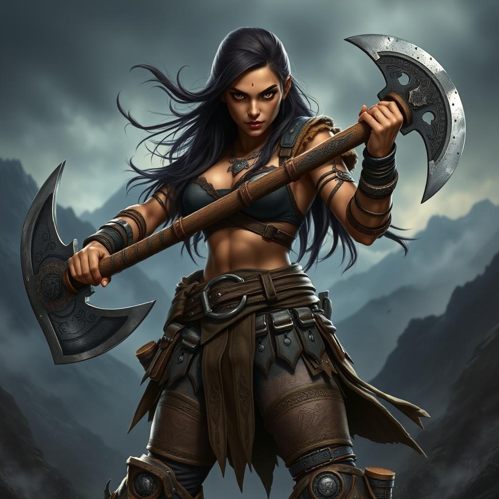 A fierce female half-orc warrior with olive skin, long dark brown hair flowing behind her, and striking black eyes