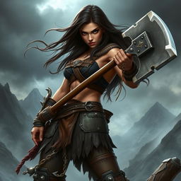 A fierce female half-orc warrior with olive skin, long dark brown hair flowing behind her, and striking black eyes