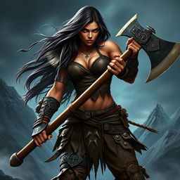 A fierce female half-orc warrior with olive skin, long dark brown hair flowing behind her, and striking black eyes