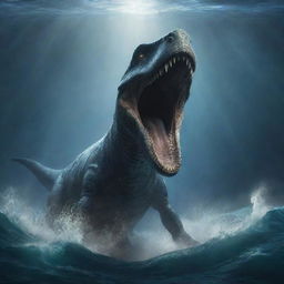 Illustrate a dramatic scene of a gigantic Mosasaurus emerging from the depths of the ocean and closing in on a terrified Denis Nedry, illuminated by a sudden flash of lightning.