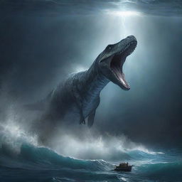 Illustrate a dramatic scene of a gigantic Mosasaurus emerging from the depths of the ocean and closing in on a terrified Denis Nedry, illuminated by a sudden flash of lightning.