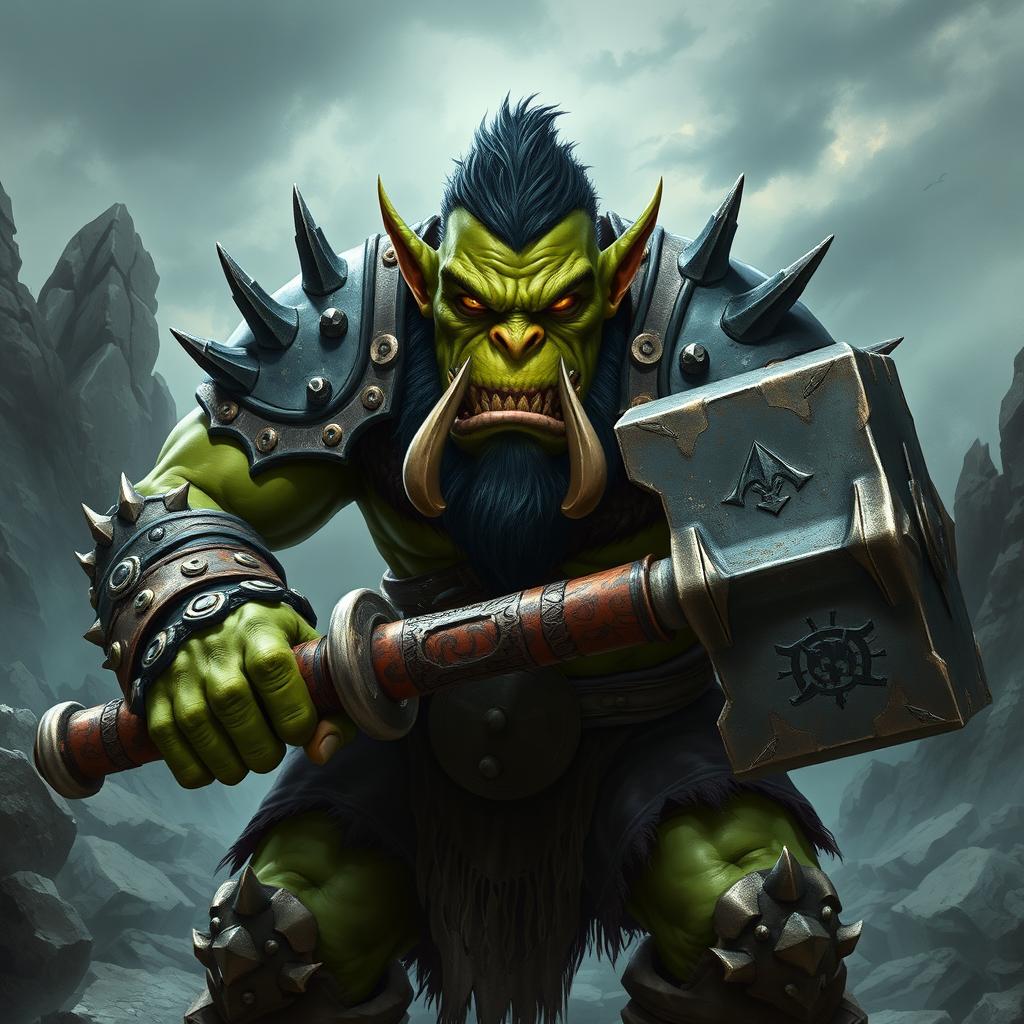 A formidable orc warrior, characterized by his robust physique, deep green skin, and fierce facial features