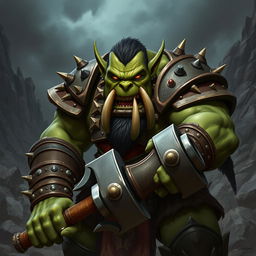 A formidable orc warrior, characterized by his robust physique, deep green skin, and fierce facial features