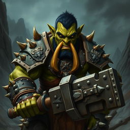 A formidable orc warrior, characterized by his robust physique, deep green skin, and fierce facial features