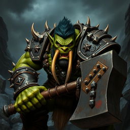 A formidable orc warrior, characterized by his robust physique, deep green skin, and fierce facial features