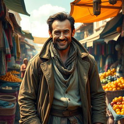 A detailed portrait of Hugh Jackman depicted as a wandering trader, set in a vibrant, bustling marketplace
