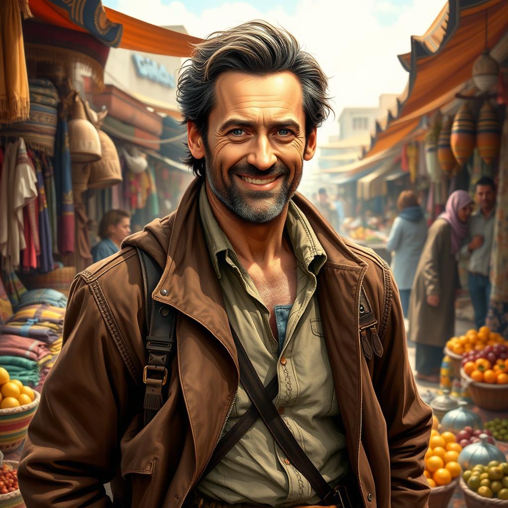 A detailed portrait of Hugh Jackman depicted as a wandering trader, set in a vibrant, bustling marketplace